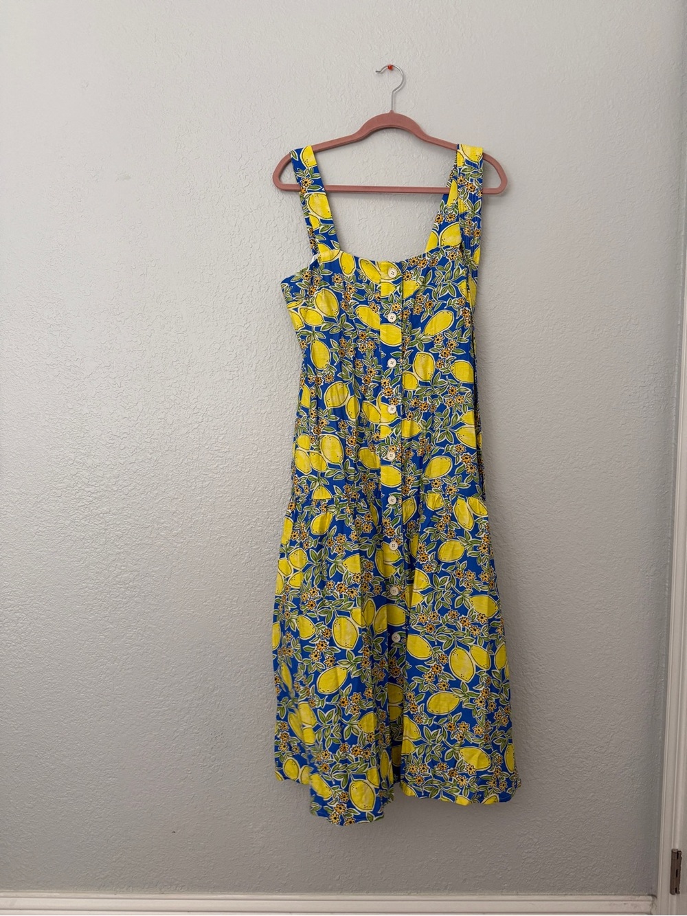 NWOT Yellow & Blue Lemon-Print Midi Dress with Tie Waist - Picture 15 of 16